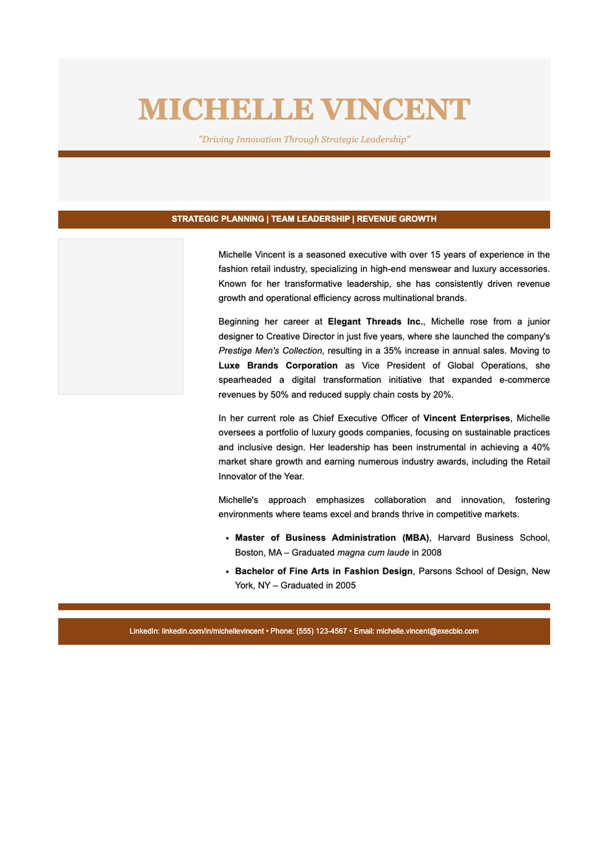 Professional executive bio for Michelle Vincent fashion industry leader_variant_2